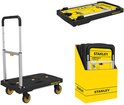 Stanley opvouwbare steekwagen met een zwart platform, aluminium handvat en gele wielen. Inclusief compact opgevouwen versie.