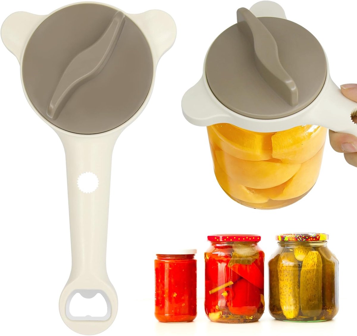 4-in-1 potopener voor senioren en mensen met zwakke handen, extra lange steel, dekselopener met kurkentrekker, multifunctioneel keukenhulpmiddel voor standaard en brede deksels.