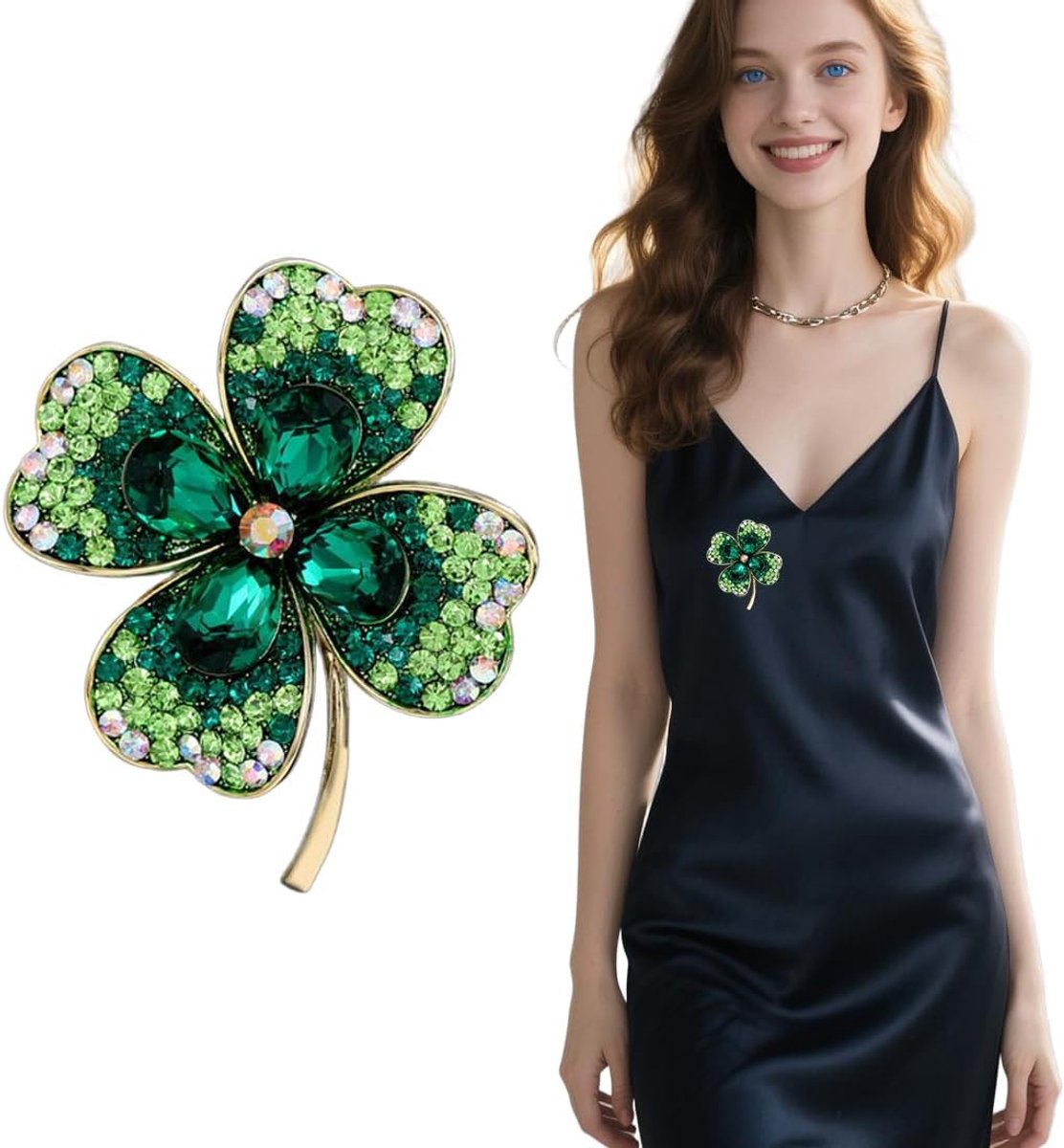 Broches en spelden voor dames, 1 damesbroche met strass-steentjes in klaverblad, veelzijdig voor truien