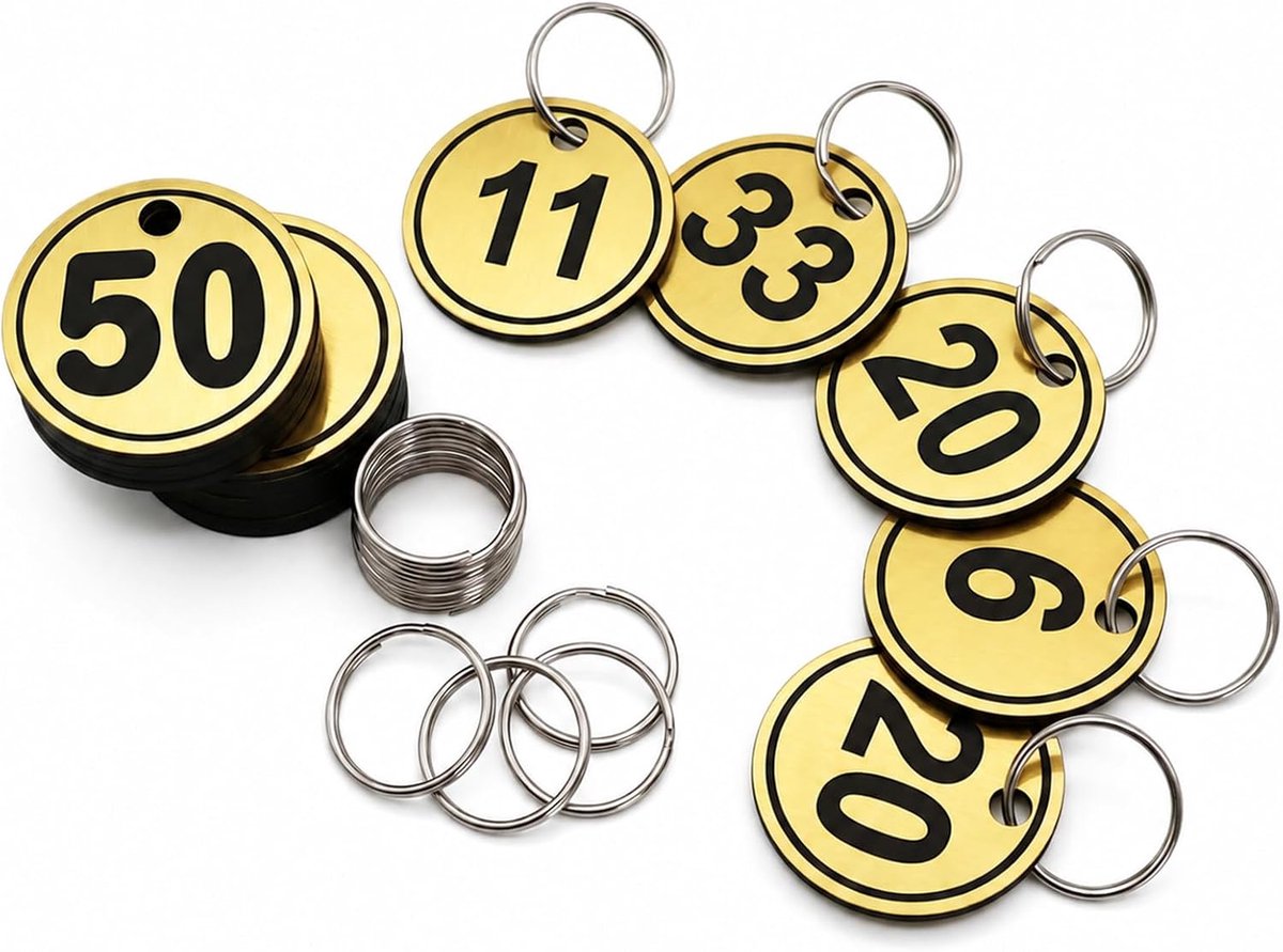 20 Sleutellabels met Ring Genummerd 1-20 Gouden ABS