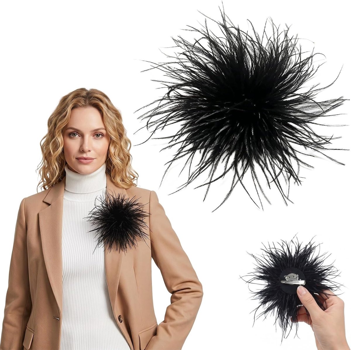 broche om vast te klikken dames - elegante broche zwart & veer haarclip 2-in-1 - grote broche voor kleding, jurk, blazer, bruiloft, carnaval, feestaccessoires, 15-20 cm