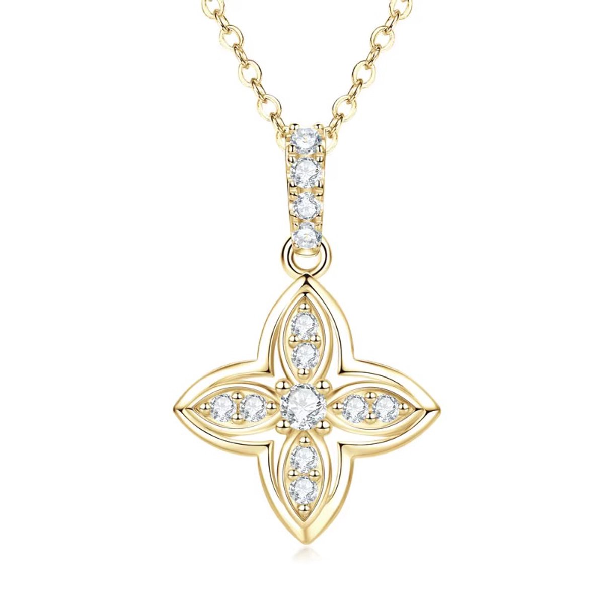 Selevie Goudkleurige Ketting met Klavertje 4 - Moissanite bezetting - Gold Plated - Four Leaf Clover necklace with Moissanite