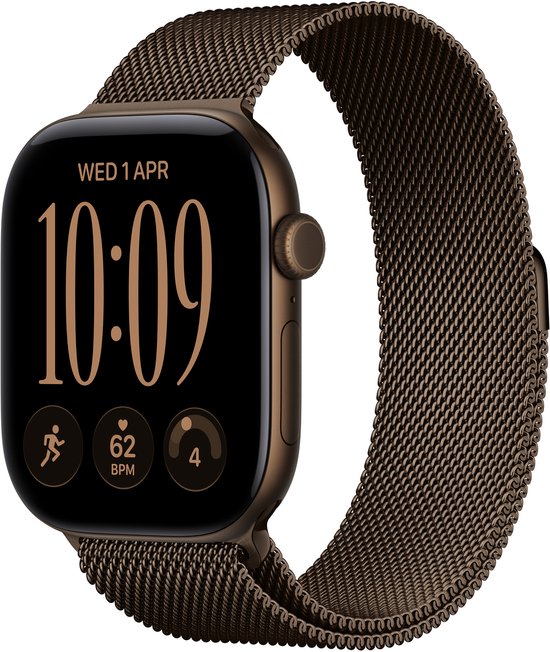 Donkerbruine Apple Watch met Milanese band, met de tijd 10:09 op het scherm.