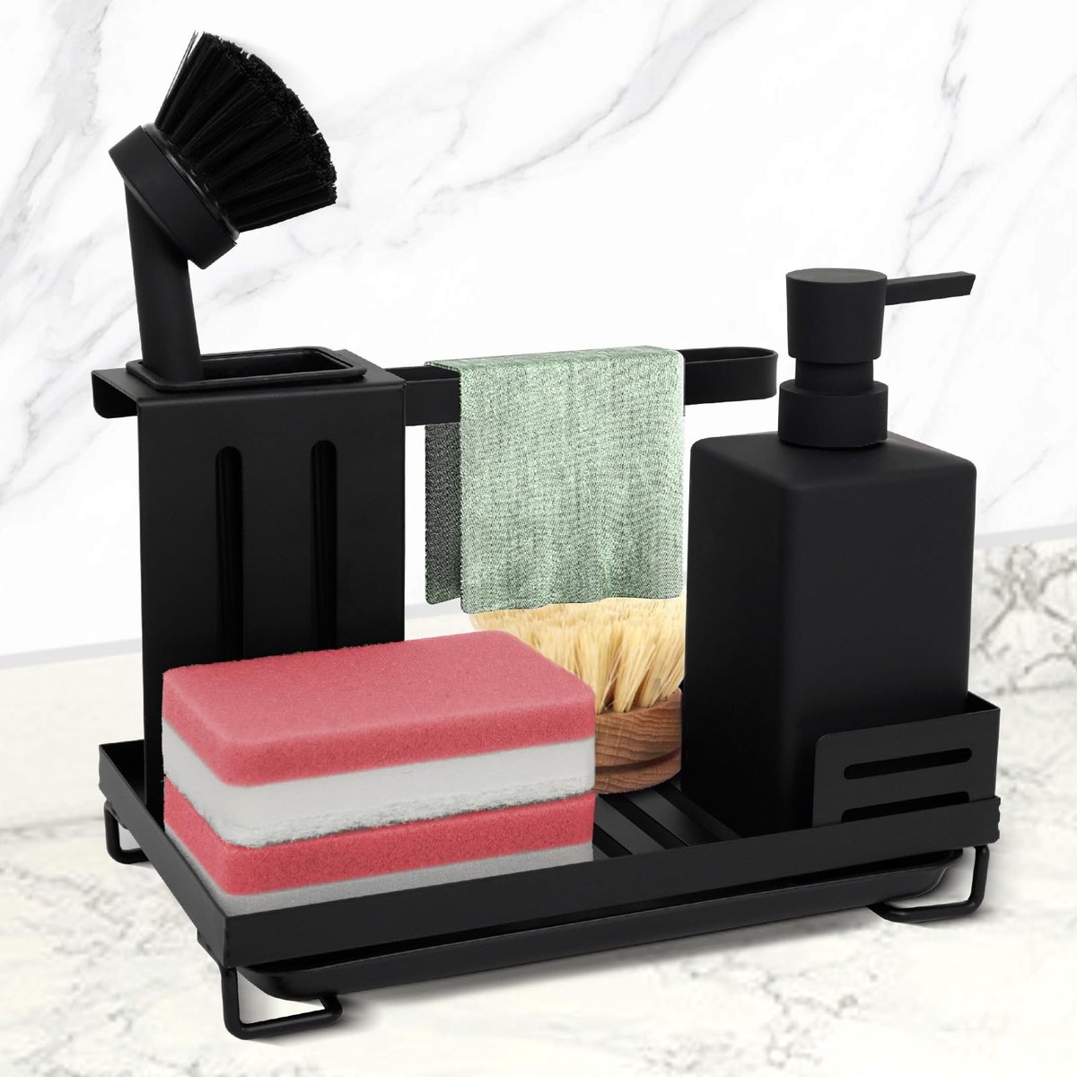 Famanu – Spoelbakorganizer, zwarte keukenorganizer voor keukengerei, wastafelorganizer met lekbak, opslag voor sponzen, borstels en zeepdispensers