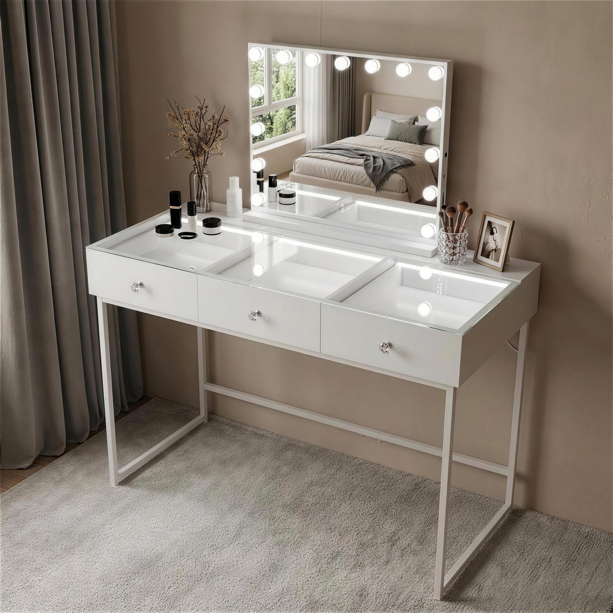 VANITII GLOBAL Kaptafel met Spiegel Verlichting Licht LED 3 Lades Wit 115 x 55 x 127 cm