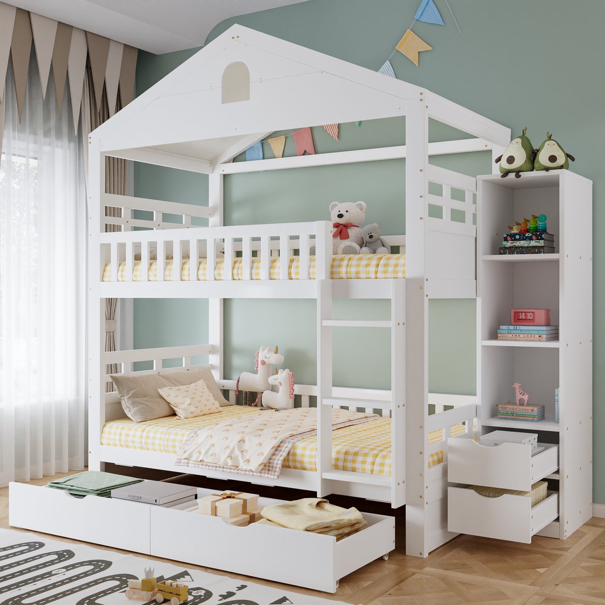 PHOEBE CAT Stapelbed - 90 x 200 cm - Houten bed - Huisvorm - 2 lades - Met opbergkast - Kinderbed - Wit