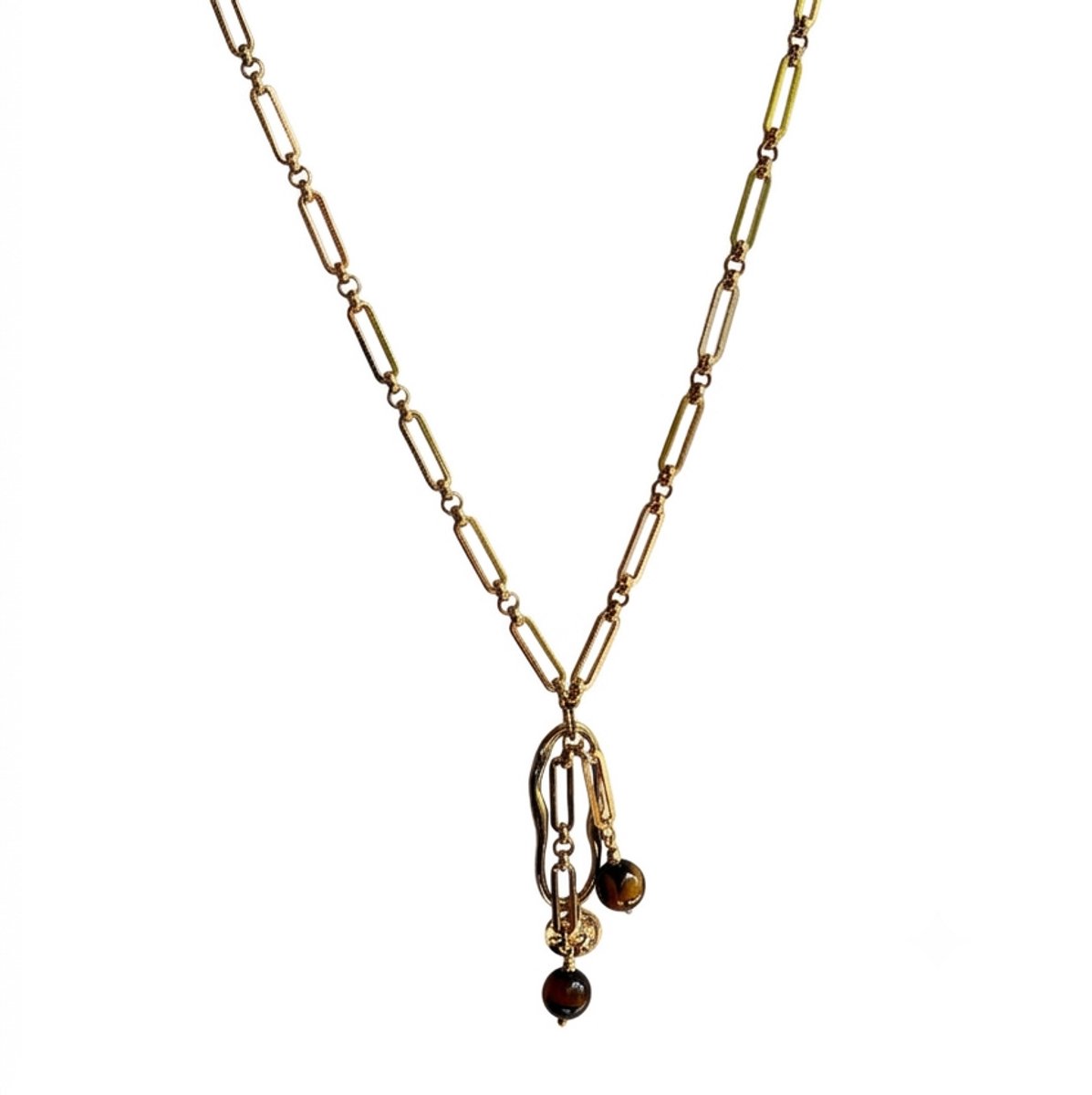 FlowJewels - schakelketting - bruin tigereye - stainless steel