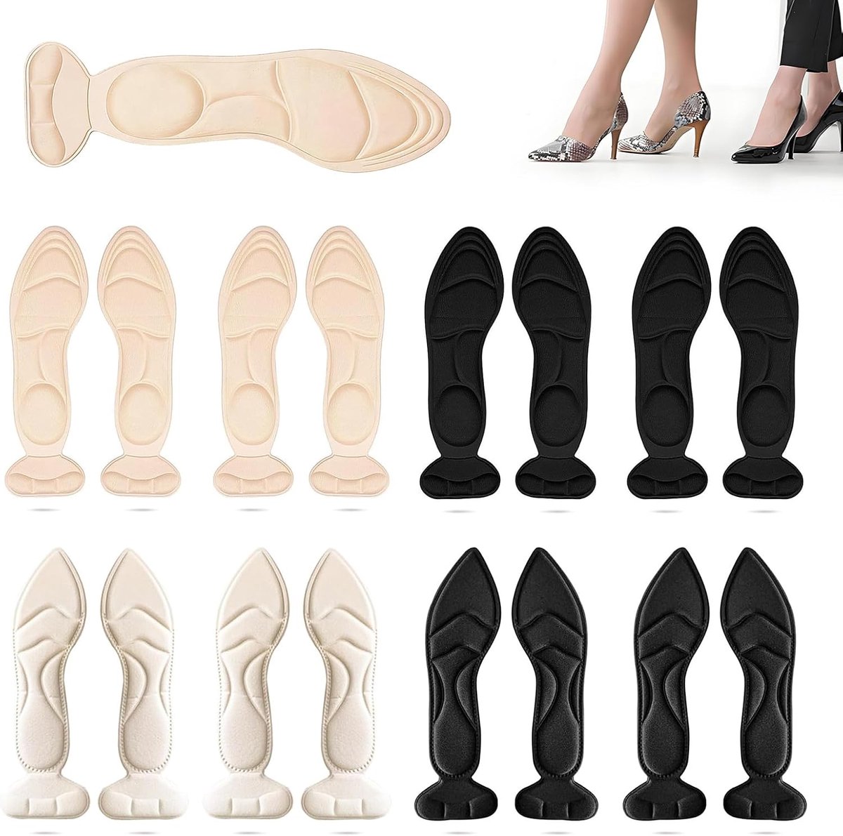 8 paar inlegzolen voor dames, schoeninlegzolen voor te grote schoenen met hielbescherming, zelfklevende inlegzolen voor dames, hoge hakken, antislip hielkussens voor pumps, hoge hakken