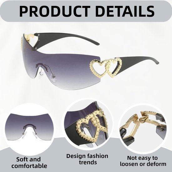 3 Stuks Y2K Randloze Wrap Around Zonnebril, Trendy Y2K Wraparound Heart Zonnebril, Randloze Wrap Around Zonnebril voor Vrouwen Mannen Geschikt voor Feestjes en Buitenactiviteiten — afbeelding 3