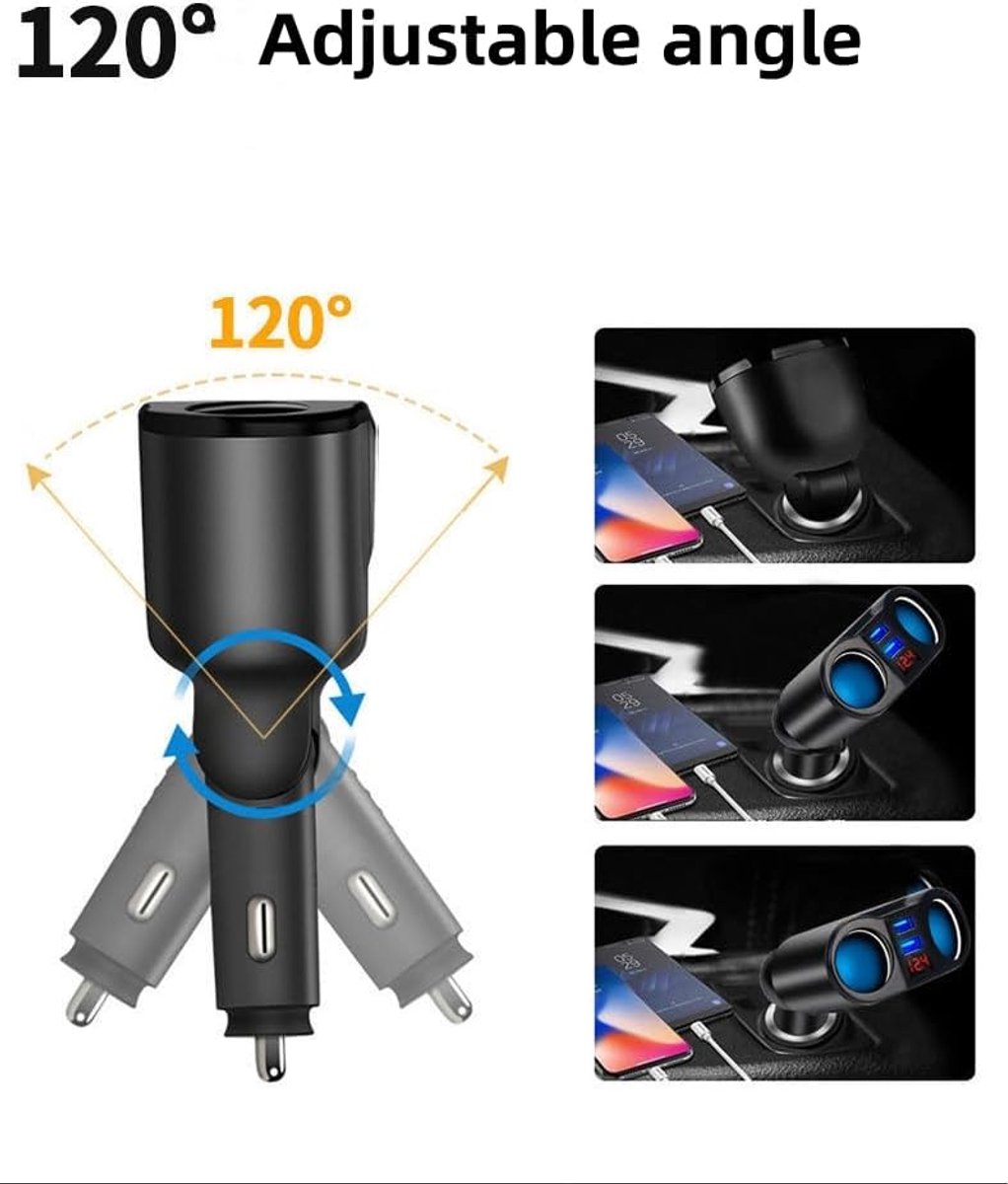 Autolader, verdeler, sigarettenaansteker, adapter, met 2 stopcontacten, dubbele USB-poorten, autolader met led-spanningsweergave