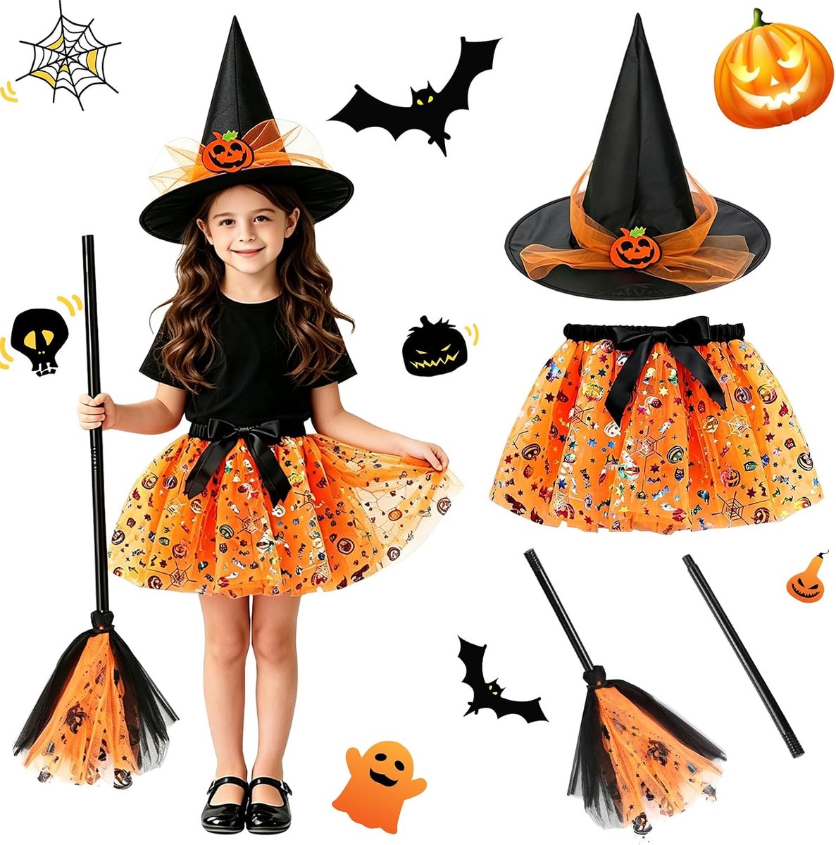 Heksenkostuum voor kinderen, Halloween-kostuum, heksenkostuum voor kinderen, meisjes, set, met heksentu-rok, heksenhoed en bezem, heksenkostuum voor meisjes, Halloween, carnaval, cosplay