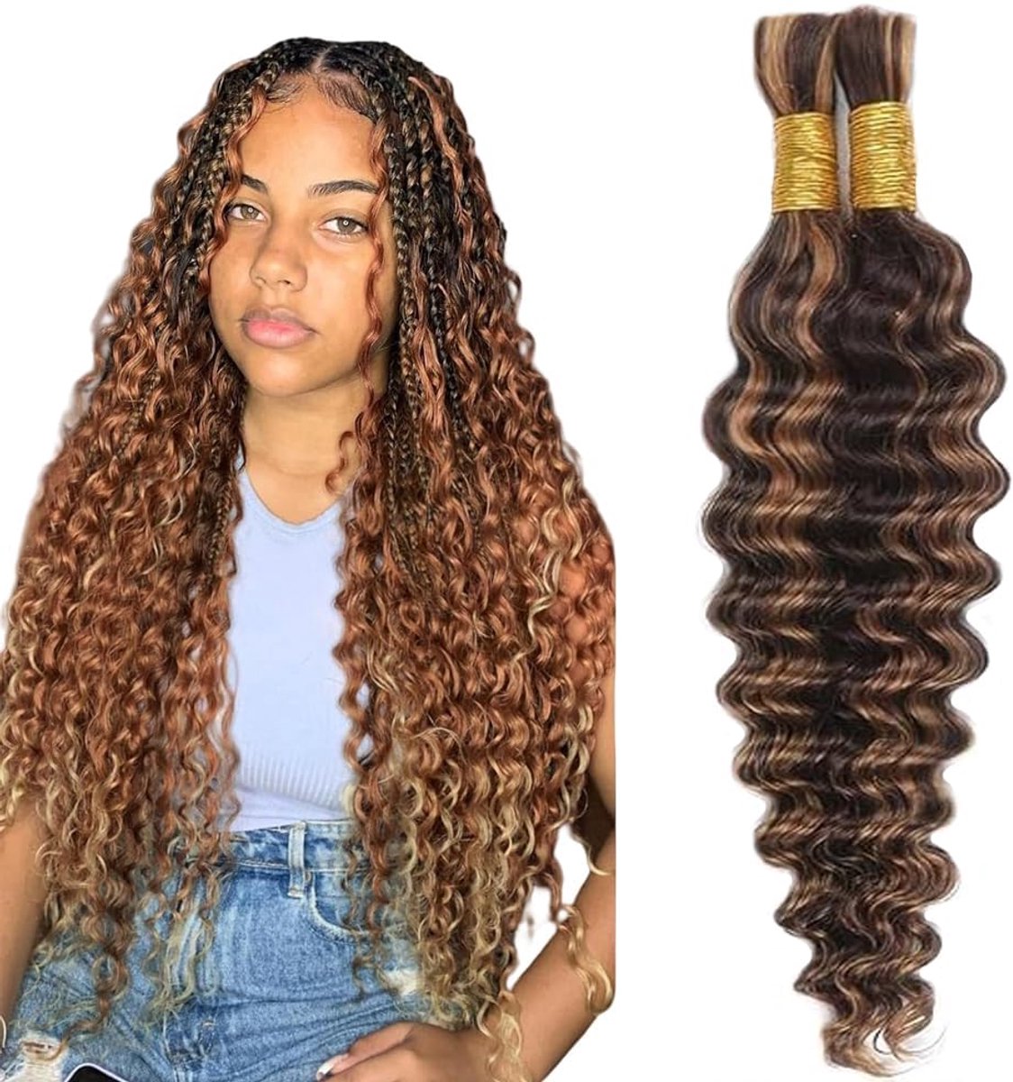 Braiding Hair for Boho Braids P430 Highlight Brown Color Deep Wave Verlenging Van Menselijk Haar Bulk Human Hair Knotless 50g Per Bundle Totaling 100g 12 12 Inch