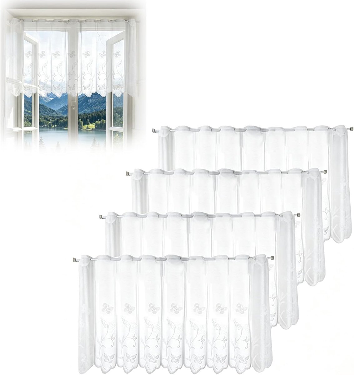 Set van 4 vitrage, 130 x 45 cm, moderne keukengordijnen, bistrogordijnen, korte gordijnen, bloemen, wit, semi-transparant, geborduurde vitrage, vitrage, sjaals, raamsjaal, kort gordijn voor woonkamer