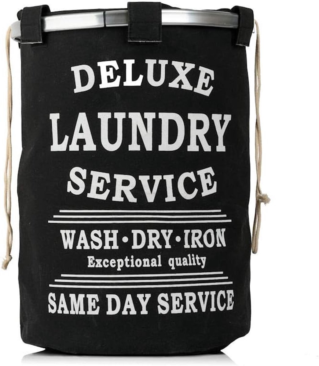 Wasmand 50L - Rond - Tekst Deluxe Laundry Service -> Same Day Service- Badkamer - Wasmand afsluitbaar - Waszak - Zwart