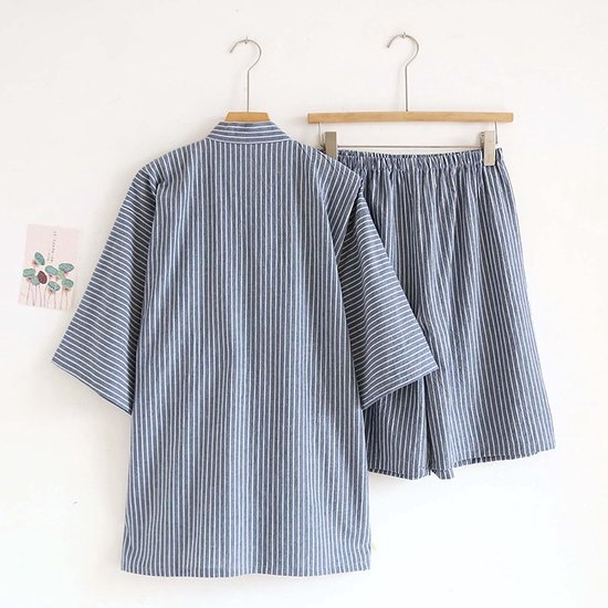 Traditionele Japanse pyjama, stijlvolle katoenen badjas kimono pyjama vrijetijdskleding voor mannen en vrouwen, blauw gestreept, Meerkleurig, M — afbeelding 4