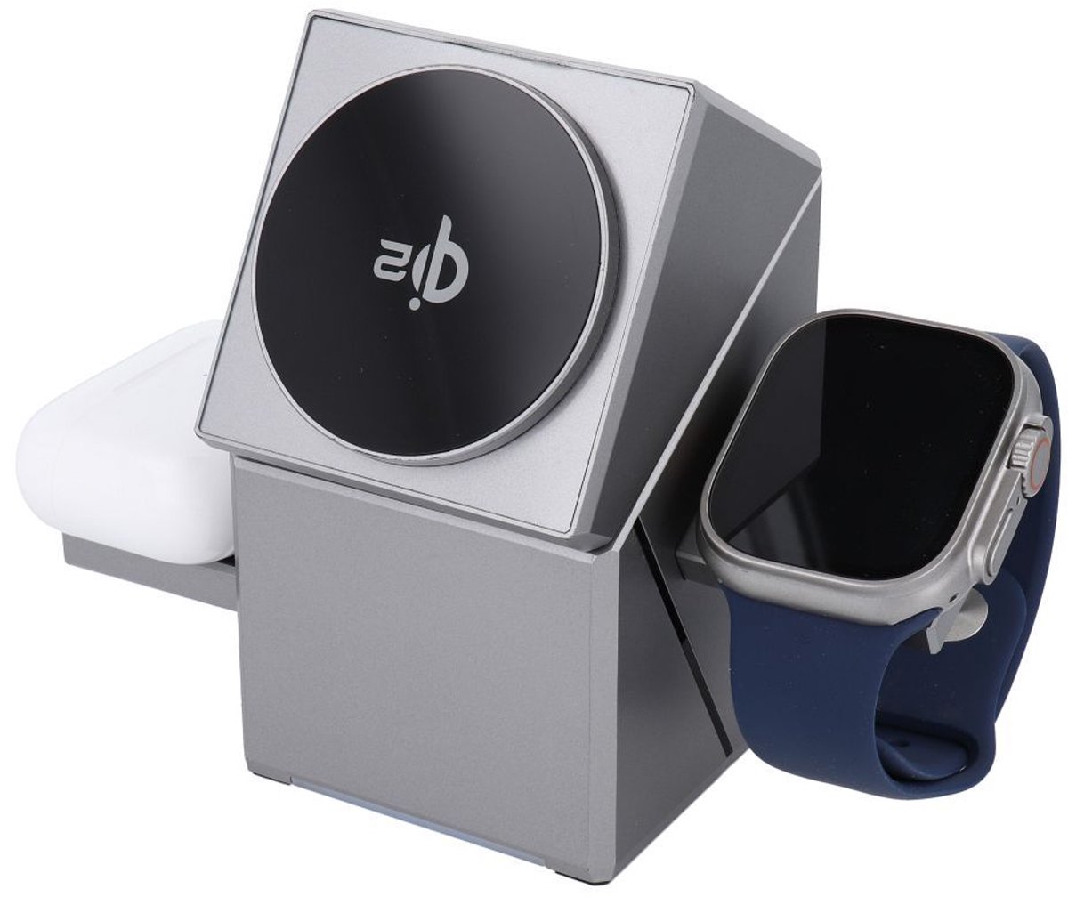 Forcell F-Energy - Draadloze oplader Rotation Cube 3-in-1 - Qi2 MagSafe - Geschikt voor iPhone, Apple Watch & AirPods - Zilver