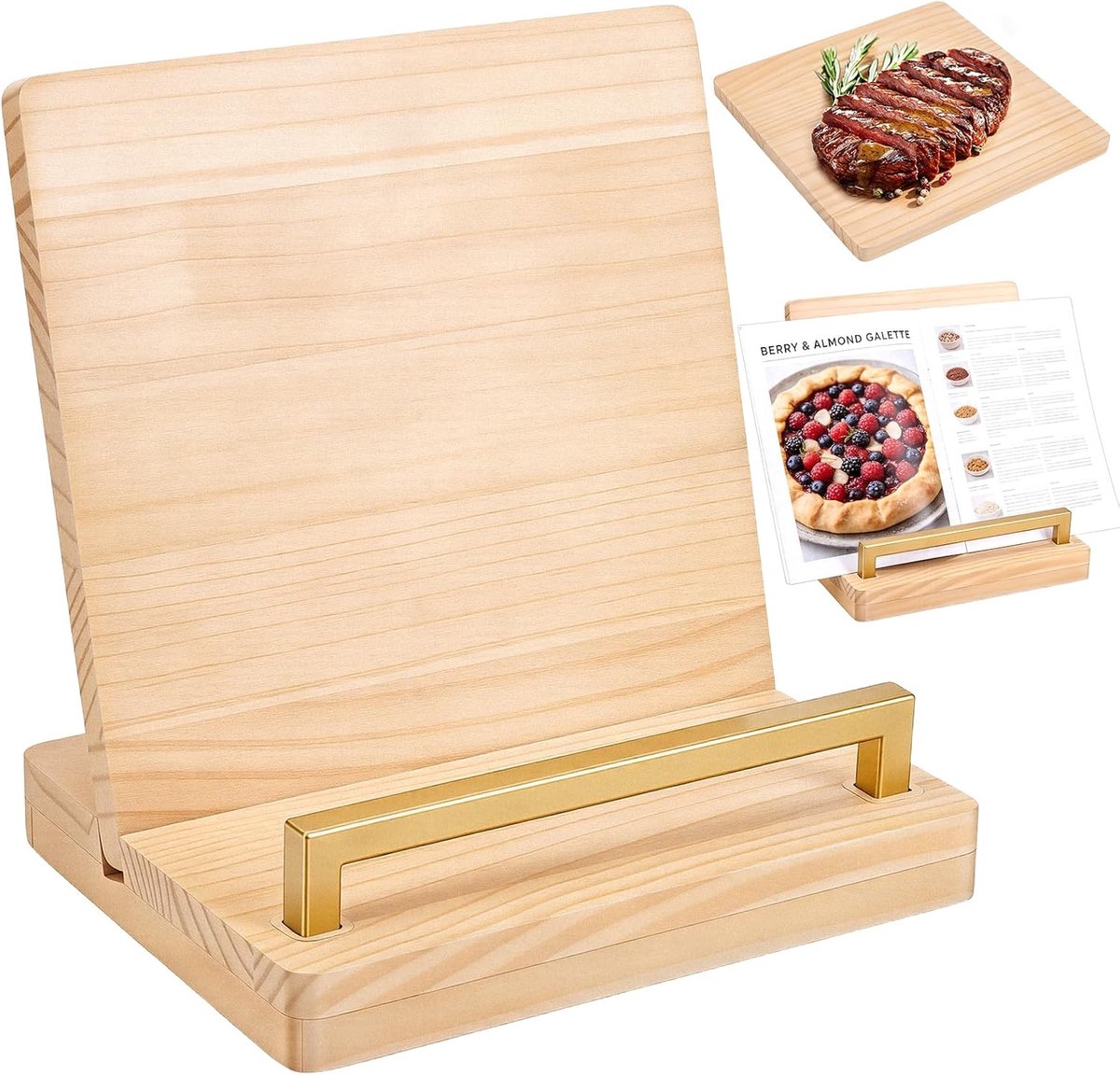 1Pcs Kookboek Stand met Verwijderbare Snijplank, Grenen Hout Kookboek Stand Verstelbare Recept Boek Houder Kookboek Houder Charcuterie Board & Keuken Dienblad voor Keuken Counter