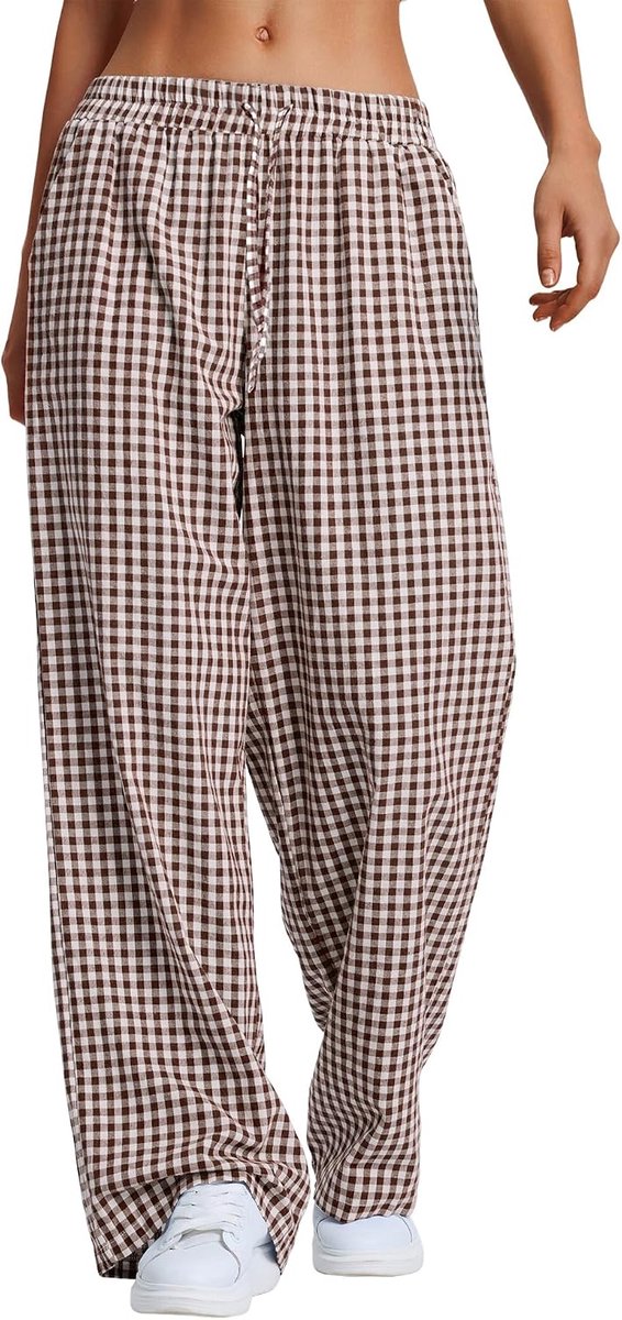 Pyjamabroek voor dames, geruit, lang, zomer, katoen, trekkoord, slaapbroek, zachte vrijetijdsbroek met zakken
