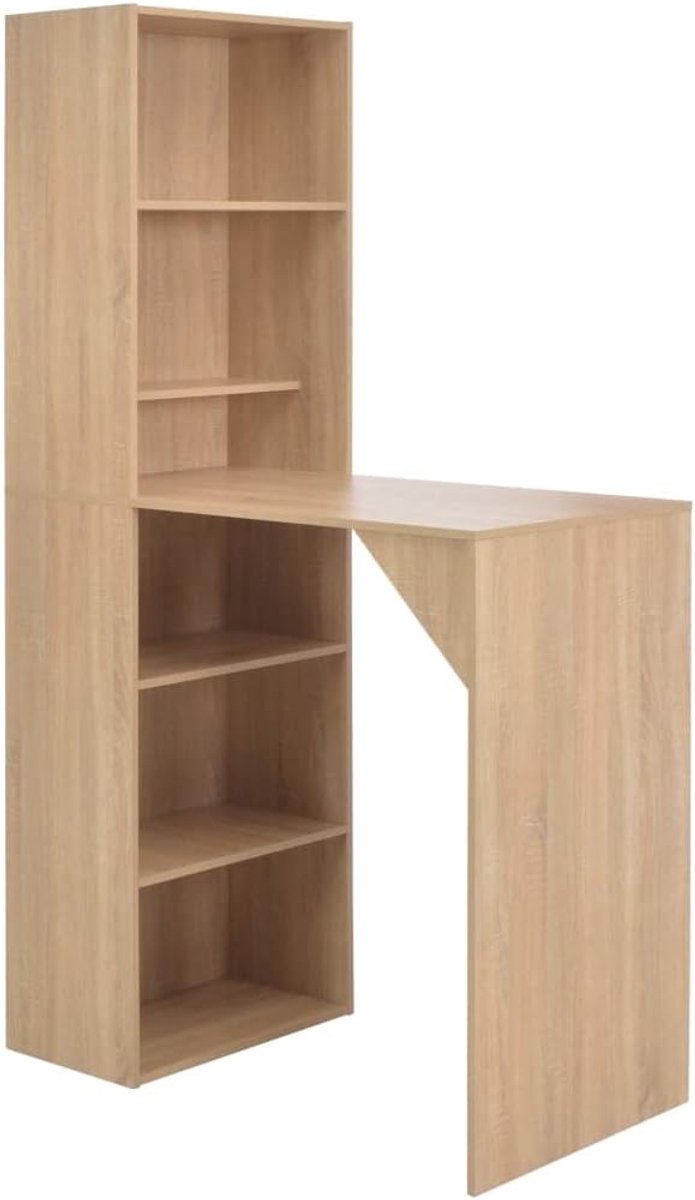 Bartafel met kast, eikenlook, 115 x 59 x 200 cm, statafel, bartafel voor kleine woningen, grote opbergkast voor wijnflessen