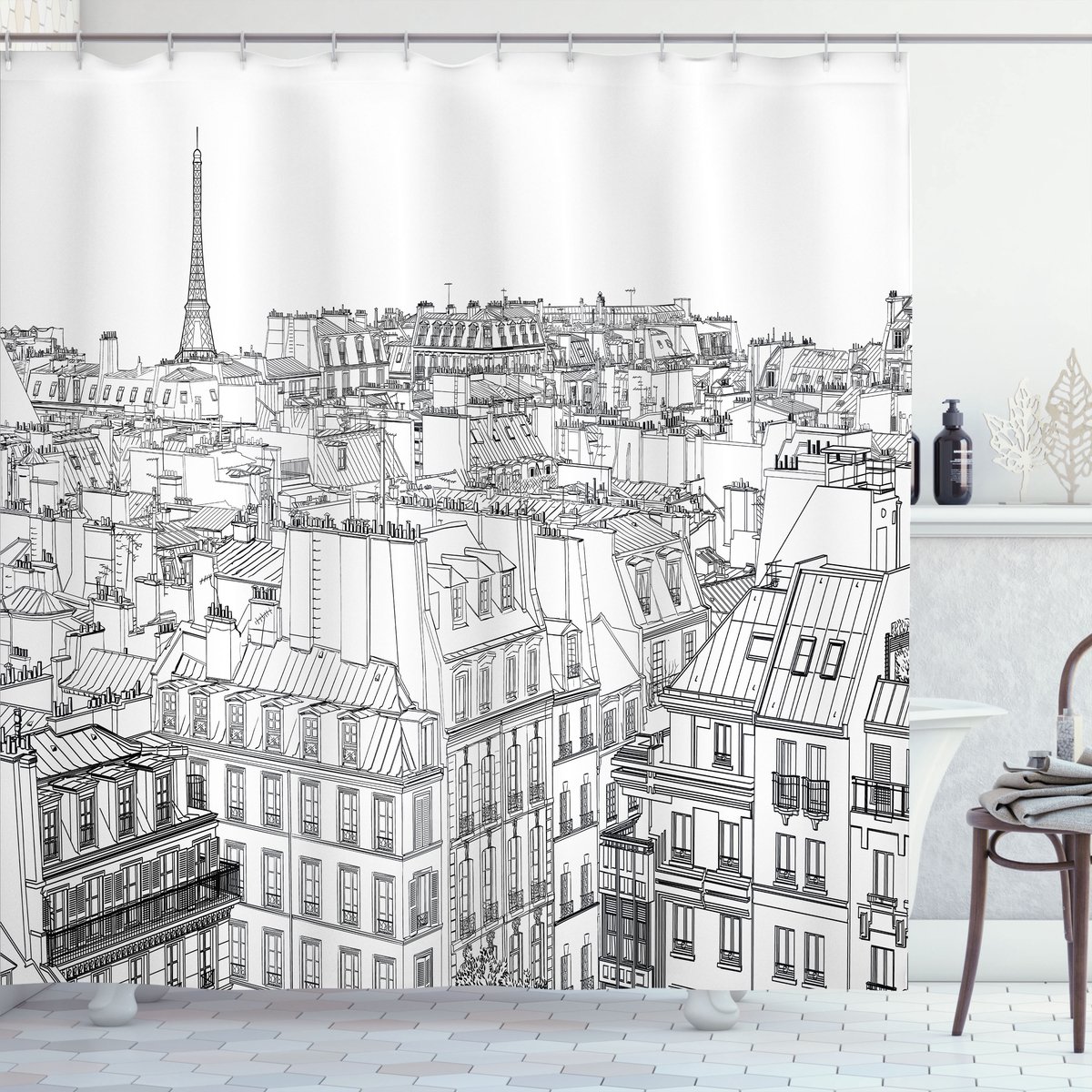 ABAKUHAUS Paris Douchegordijn, Dächer in Paris en Eiffel, Stoffen Badkamerdecoratieset met Haken, 175 x 240 cm, Zwart en wit