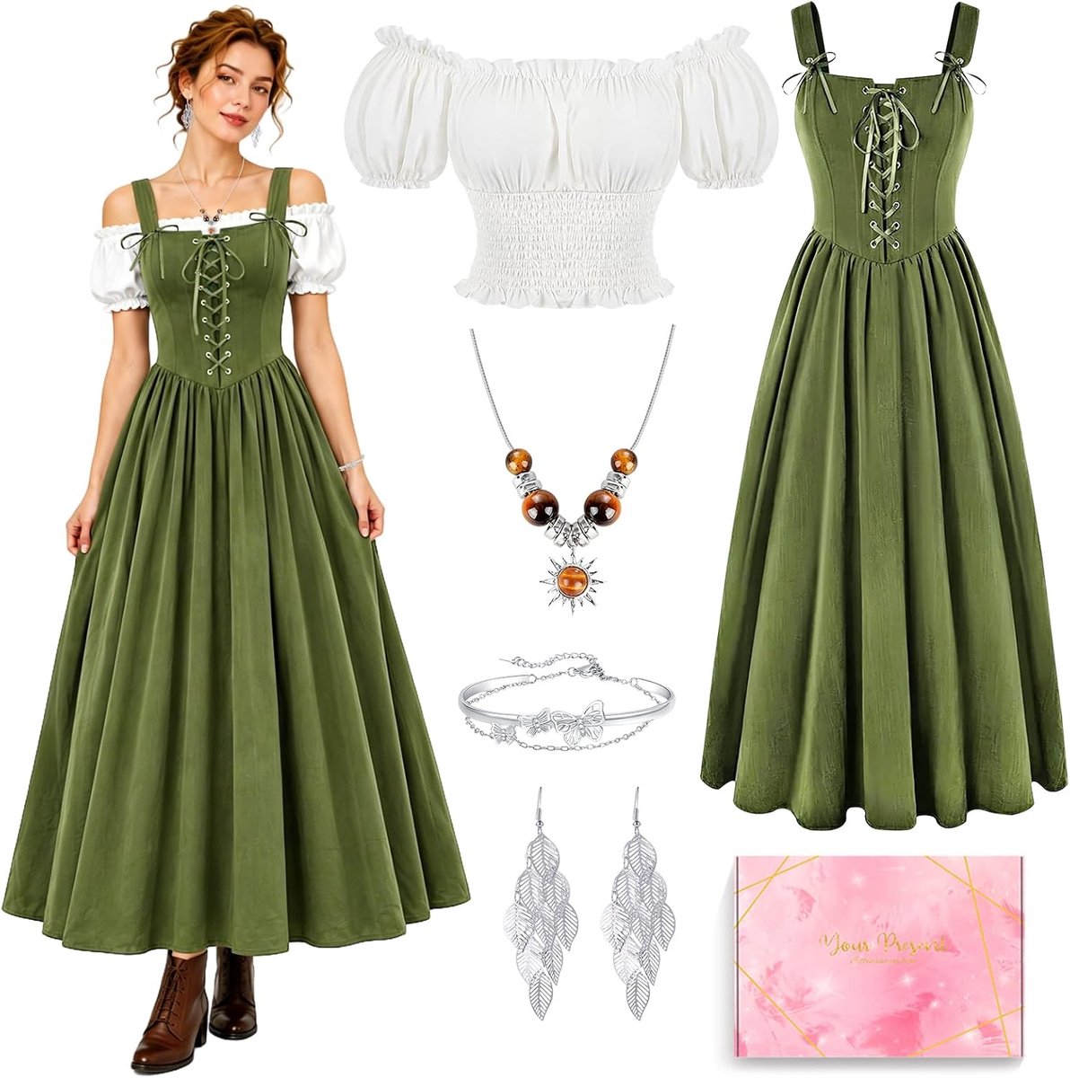 kleding voor dames, renaissance-korsetjurk, mouwloos met halsketting, oorbellen en armband, middeleeuwse maxi-jurk met vintage off-shoulder top, Victoriaanse kleding, maxi-jurk