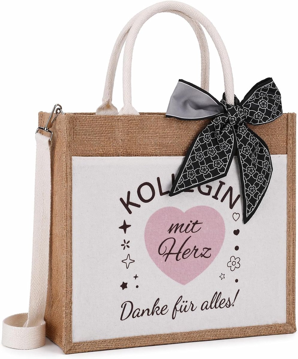 Afscheidscadeau voor collega's, afscheid collega, cadeau voor collega's, verjaardag, jute tas, zijden sjaal, elegante draagtas, kantoor, baanwisseling pensioen, dames stijlvol praktisch
