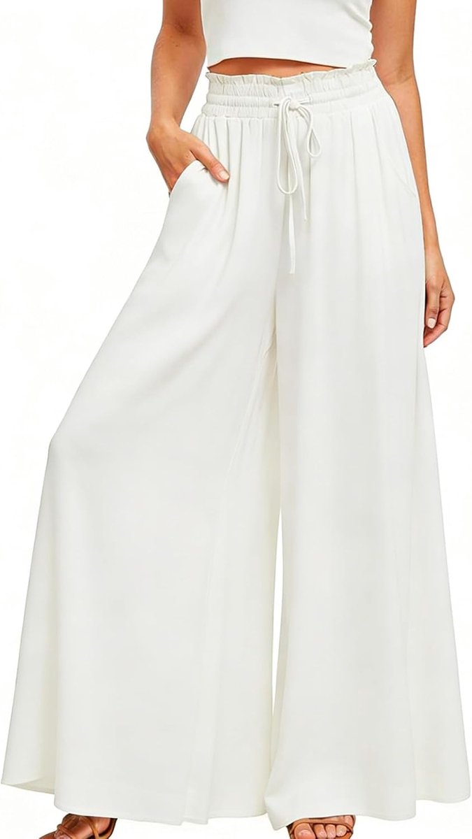 zomer, hoge taille, vloeiende palazzo-broek, brede pijpen, casual, licht, elegant, strand, casual broek met zakken en trekkoord