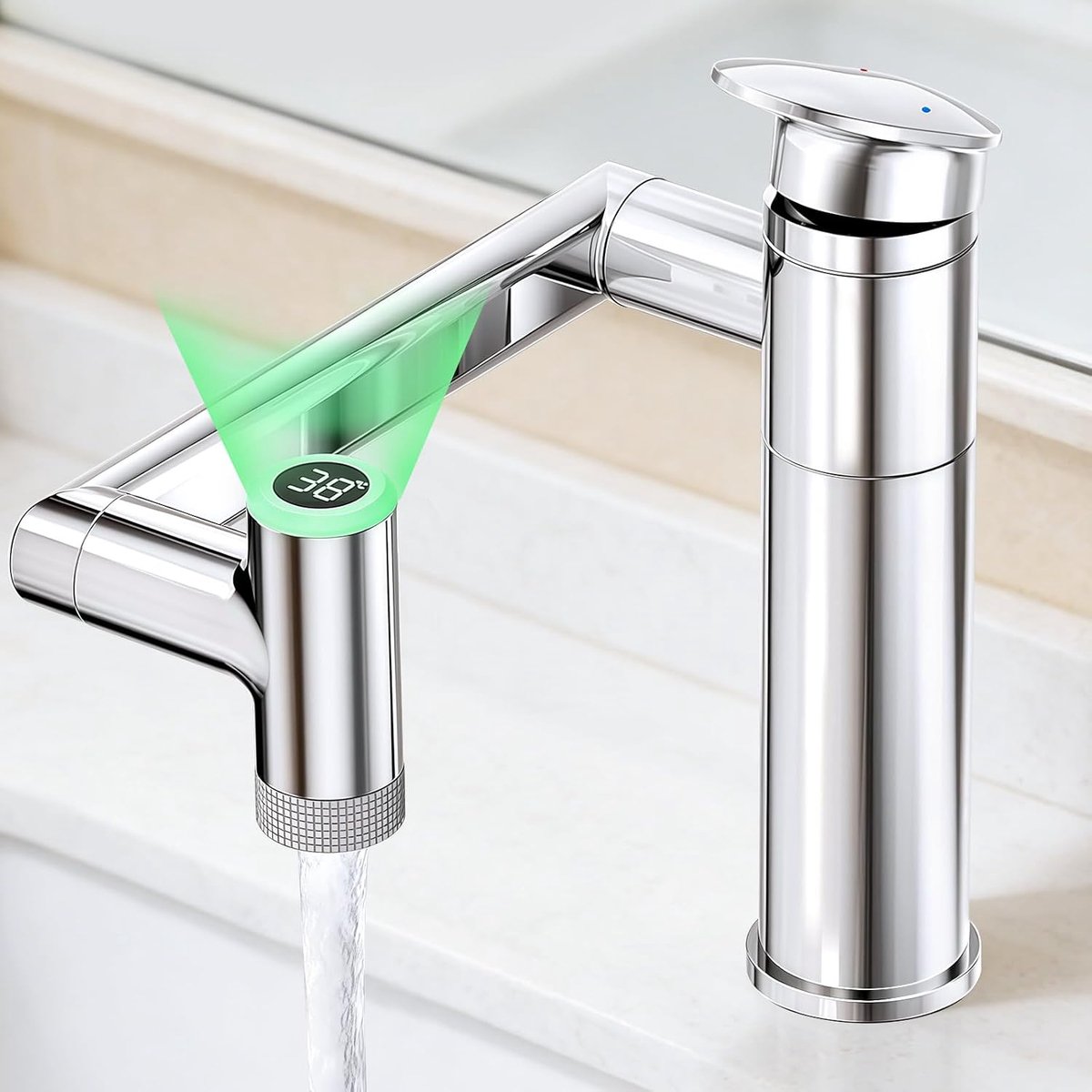 Waterkranen voor badkamer, armatuur badkamer met temperatuurweergave mengkraan wastafel kraan 1080 ° draaibare wastafelarmatuur in hoogte verstelbare wastafel armaturen eengreepsmengkraan
