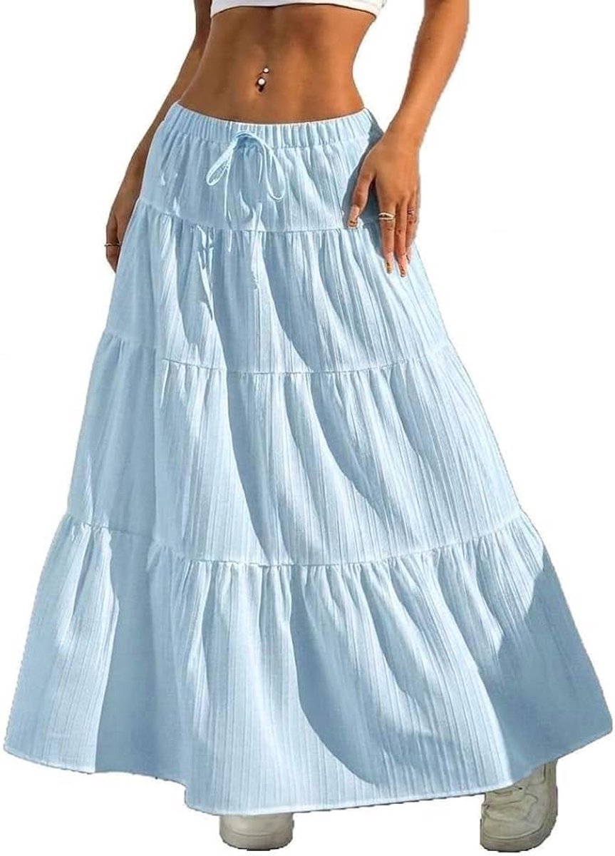 Rok voor dames, lang, hoge taille, elegante maxi-rok, A-lijn, elastische gelaagde midi-vrijetijdsrok, effen rok (meerkleurig, S-XL)