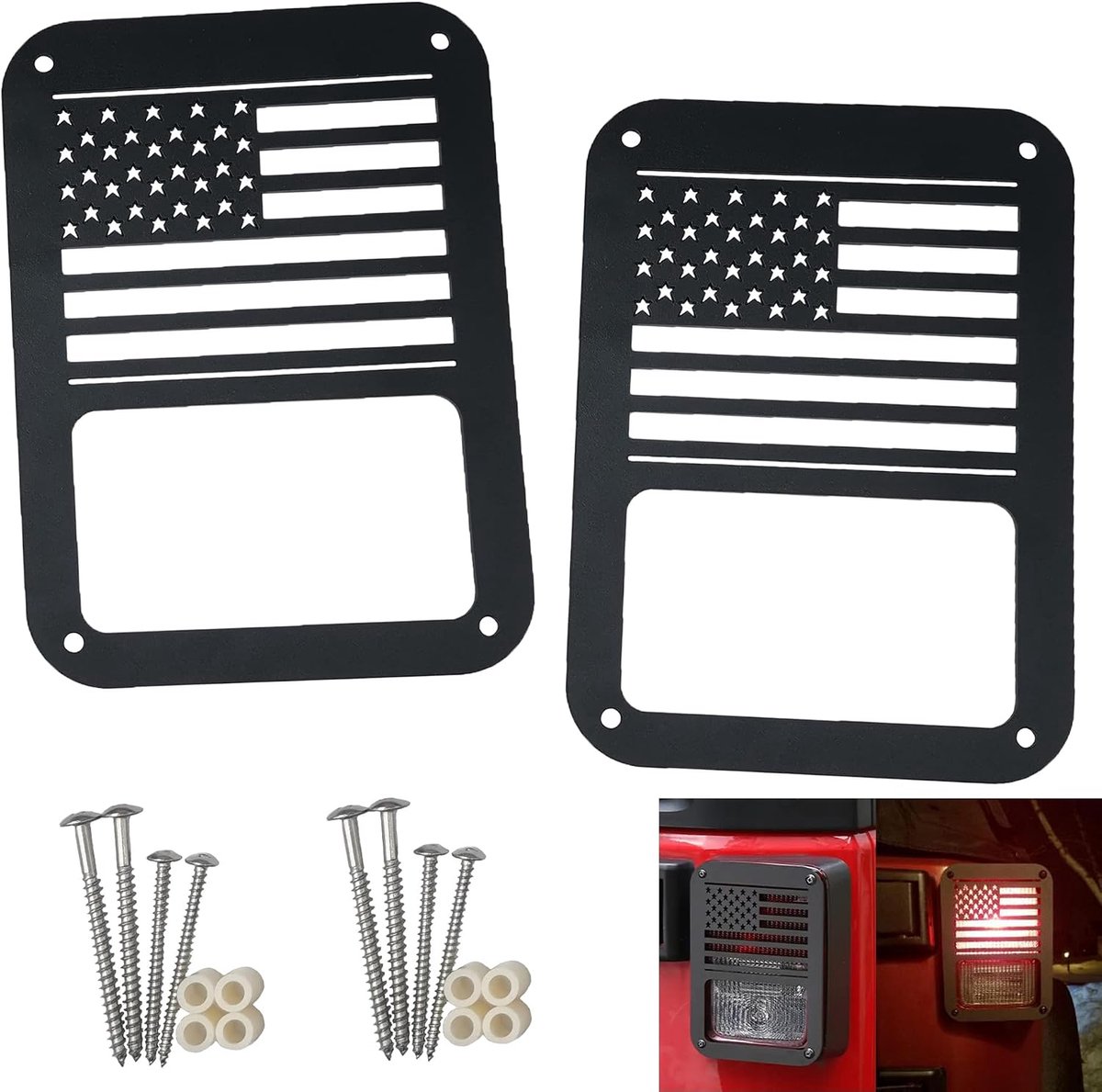 2 stuks achterlichtkappen beschermers, compatibel met 2007-2018 Jeep Wrangler JK JL, staal, poedercoating afwerking, zwart met rood, wit en blauw