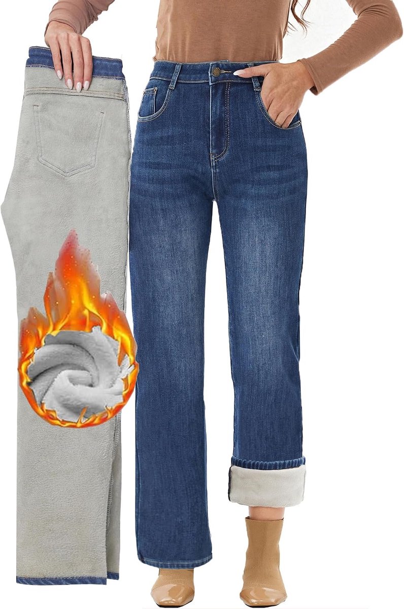 Jeans met wijde pijpen, winter, thermische flanel, losse casual warme jeans
