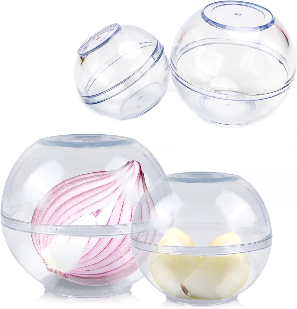 4 vershoudballen voor knoflook, uienbox, stapelbaar, diameter 7 en 9 cm, transparant, stapelbaar, voor alle sterke gevoelens