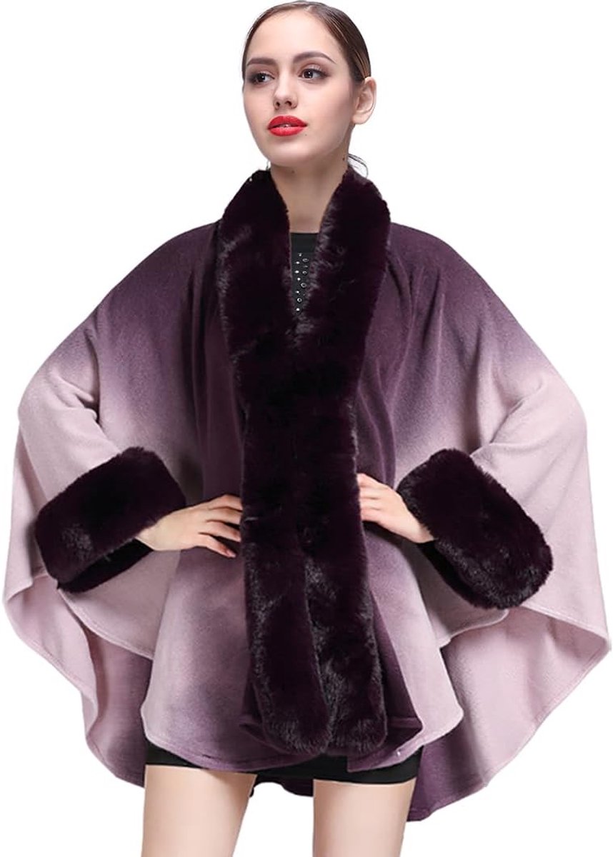 Poncho, gebreide cape voor dames, gebreide jas, cardigan met kraag van imitatiebont, stola, voor herfst, winter, warm, gebreid, poncho's, sjaals