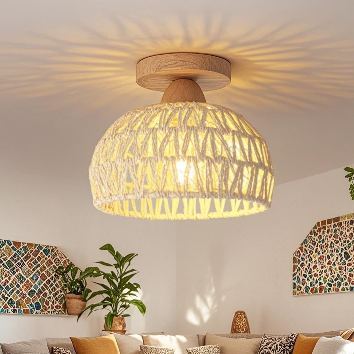 Plafondlamp,Boho Plafondlamp met Rotan Lampenkap,Handgemaakte Vintage Ronde Hanglamp,Voor Woonkamer Slaapkamer Keuken,Gang,Restaurant,Kantoor,Diameter 30CM,E27 Lamp Basis,Gebroken Wit