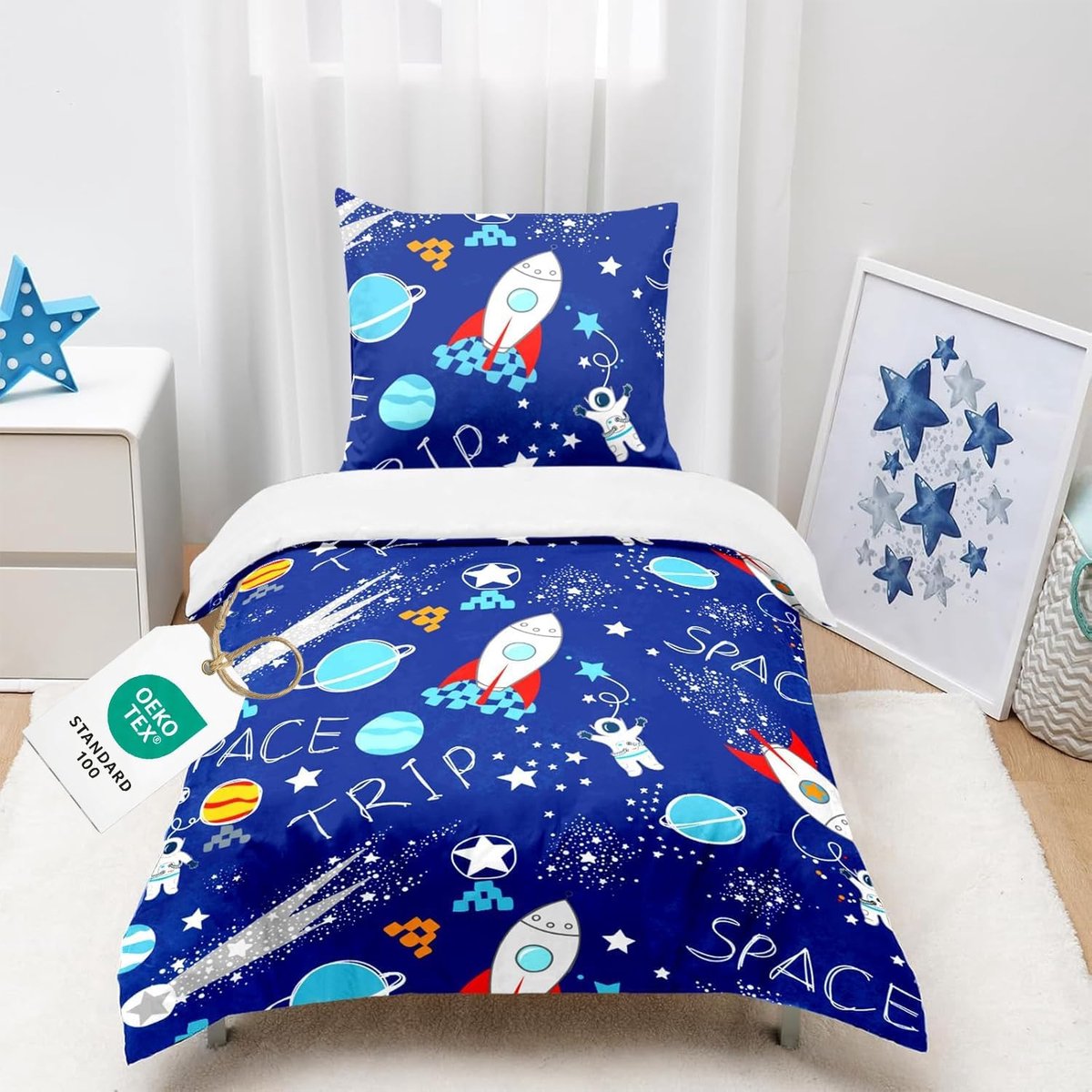 140 x 200 cm voor jongens en kinderen, beddengoed met kussensloop 65 x 65 cm, 3D-print, raket, kosmos, astronaut, microvezel, blauw