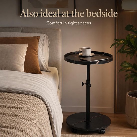 Bijzettafel, rond, met wieltjes, in hoogte verstelbaar (45-80 cm), ronde houten bijzettafels, 360° draaibaar, walnoothouten afwerking, kleine salontafel voor woonkamer, bank, zwart — afbeelding 5