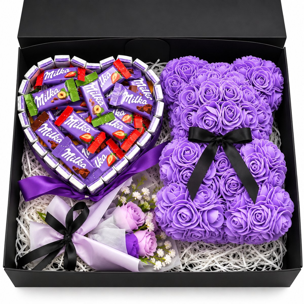 Nina’s Giftshop® Valentijn Cadeau – Geschenkset voor Haar – Milka Chocolade Hart 20 cm – Rozen Teddybeer – Zeepbloemen – Cadeau voor Vrouw – Valentijn – Moederdag – Verjaardag – Jubileum