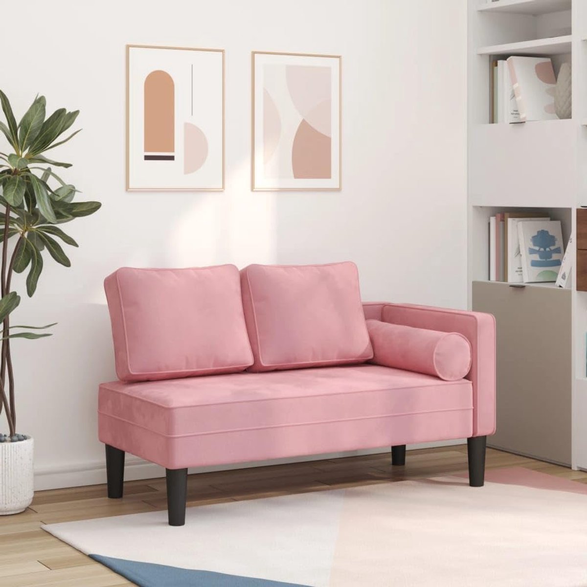 Chaise longue van zacht fluweel, relaxbed met lendenkussen, roze gestoffeerde ligstoel voor woonkamer en slaapkamer, 116,5 x 62 x 57,5 cm
