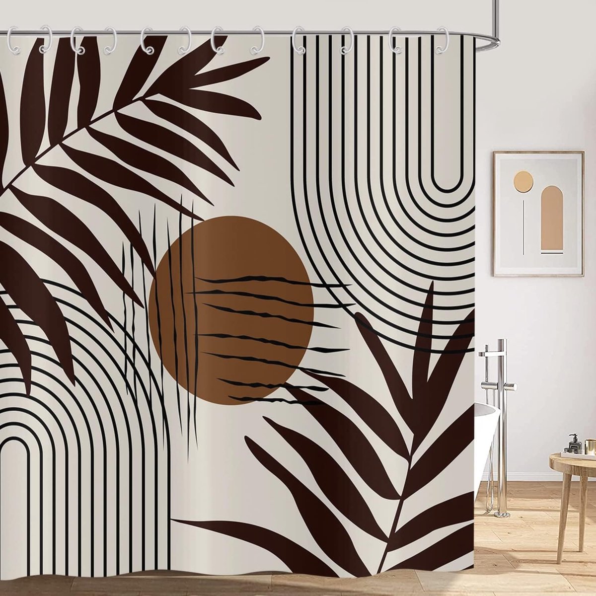 Douchegordijn Boho 120x200, Abstracte bruine bladeren douchegordijnen Mid Century Modern Minimalistisch Geometrisch Esthetisch Kunst Beige badkamergordijn Waterdicht stof Wasbaar badgordijn