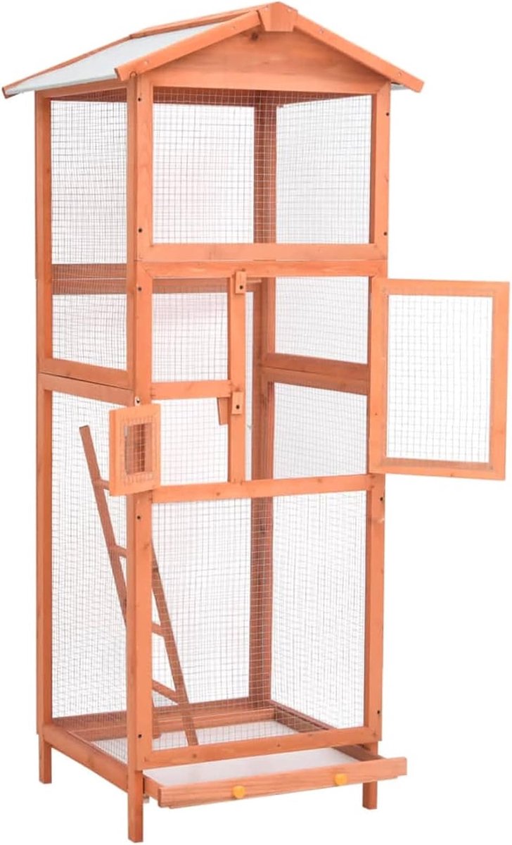 Grote volière voor de tuin, van sparrenhout, 68 x 62 x 166 cm, grote vogelkooi voor buiten, van hout, kooi voor papegaaien voor buiten, volière voor buiten