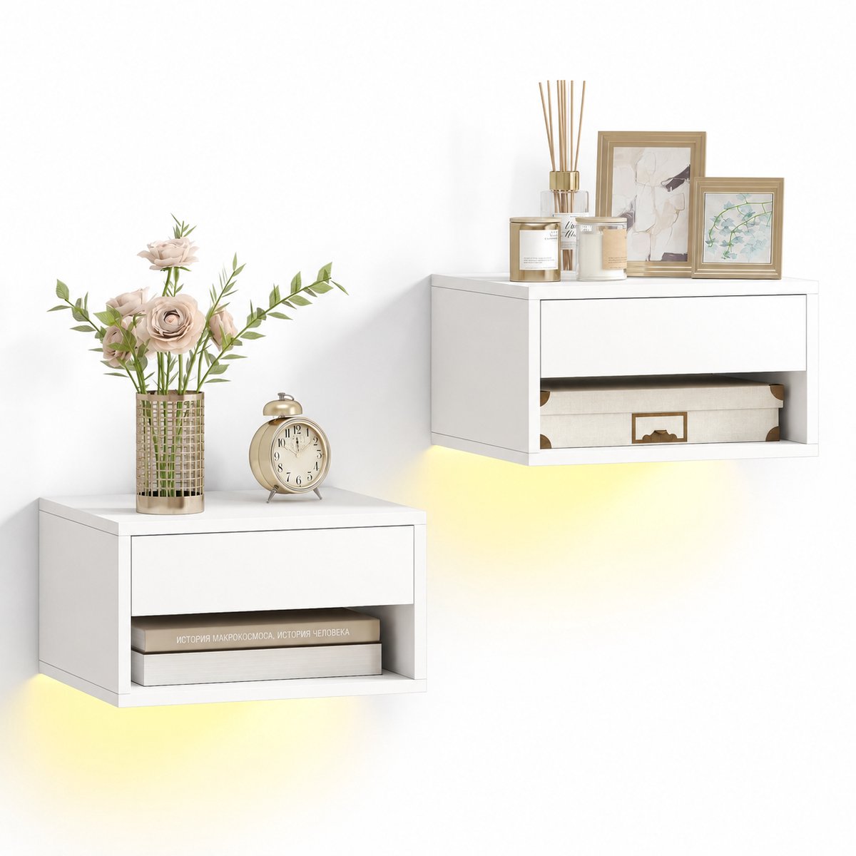 DeltaMerch Nachtkastjes - Zwevend Nachtkastje - Set van 2 - Incl. LED-verlichting - Bediening via app - 37x32x31 cm - Wit