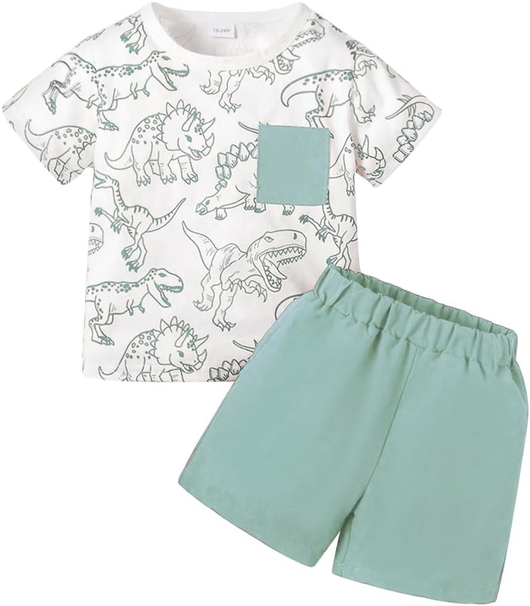 Zomerkledingset voor baby's en peuters, korte mouwen, met dinosauruszakken en effen shorts
