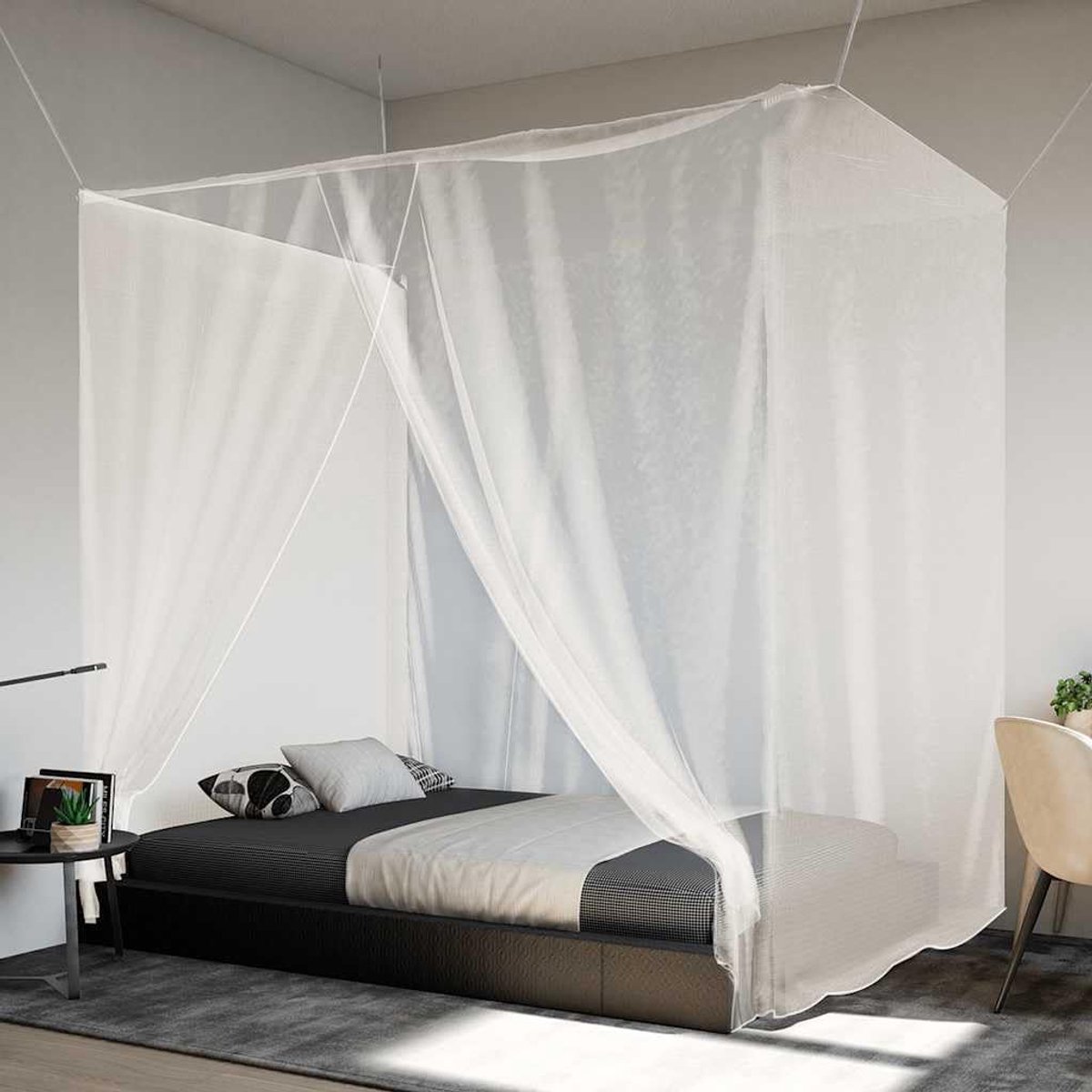 Muggennet voor bed, grote hangende luifel met 156 mesh, ademend polyester net met 2 openingen en ophangtouw voor slaapkamer thuis bescherming