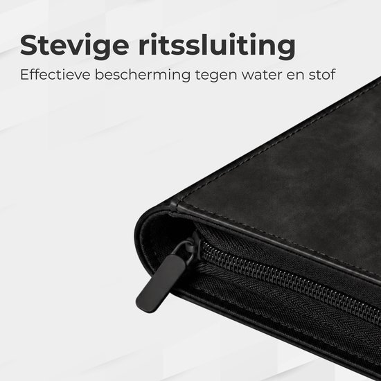 Zwarte toploader map met stevige ritssluiting voor bescherming tegen water en stof.