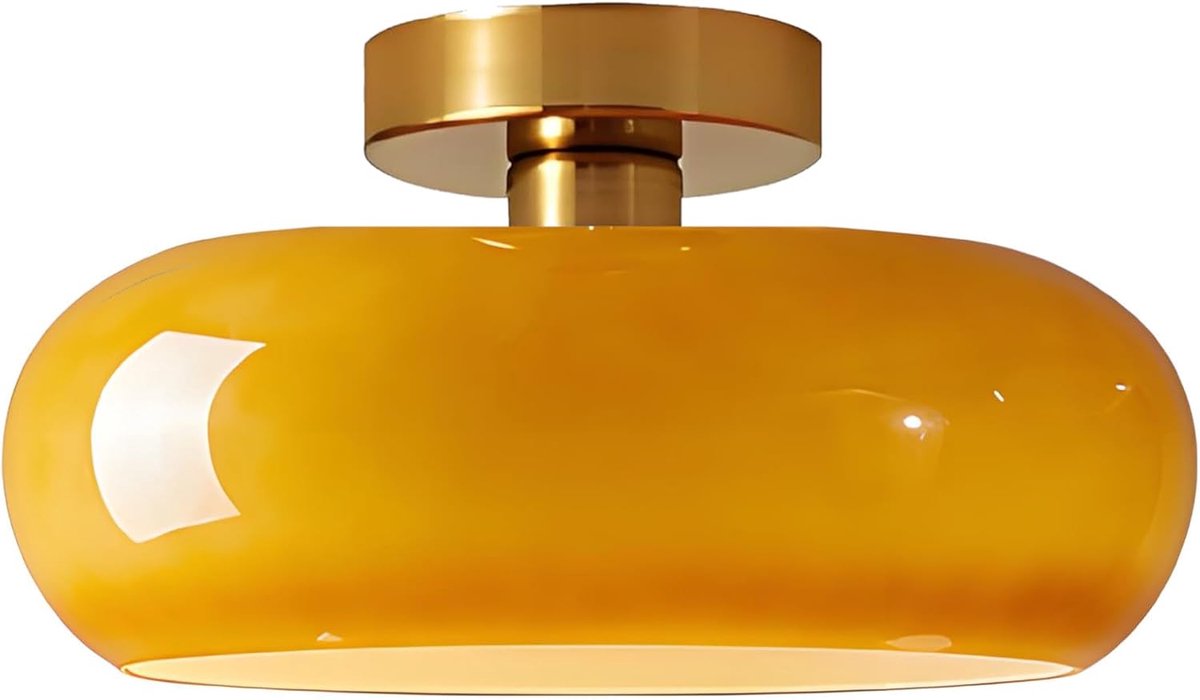 Half-Inbouw Plafondlamp, 28cm Ronde Glaslampenkap met Gouden Metaalvoet, E27 Fitting, Verlichting voor Slaapkamers, Eetkamers, Keukens en Hal (Oranje, H15cm)