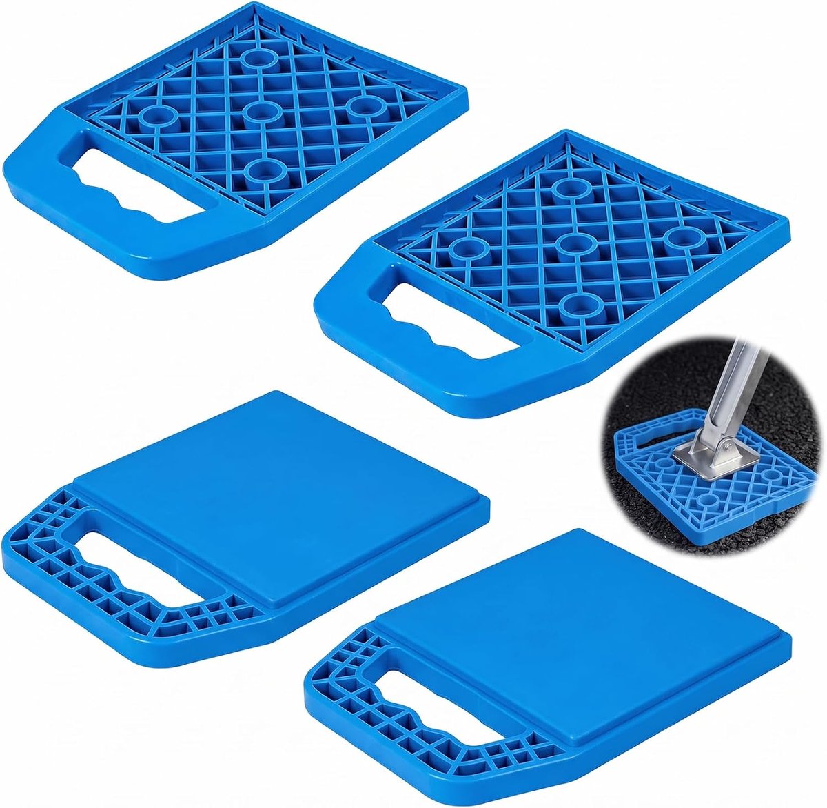 4 stuks steunplaten voor caravans, 23 x 17 x 2 cm, stapelbare legplaten met handgreep, robuuste kunststof krikpads, voor het vastzetten van de zwengelsteun, geschikt voor camper en caravan (blauw)