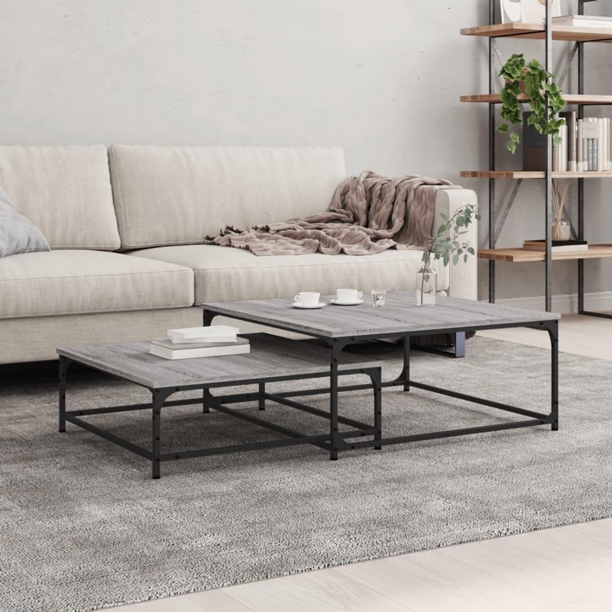 Set tafels 2 stuks. Grijs Sonoma houtmateriaal, moderne bijzettafelset voor woonkamer, slaapkamer of kantoor, duurzaam en stabiel tafelblad, ruimtebesparend meubelstuk