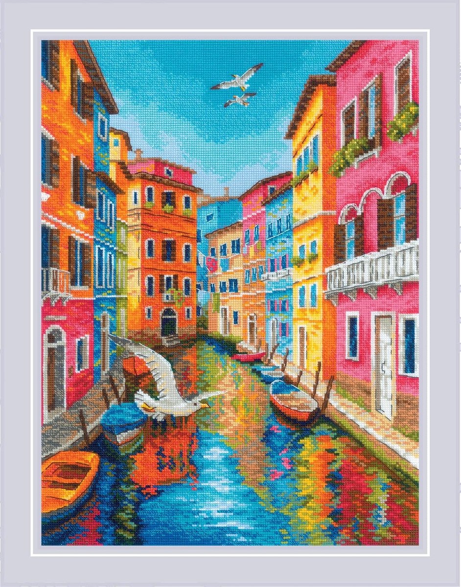 Kruissteekpakket met 29 kleuren wol- en acryldraad, Zweigart Aida 14 count wit, 30 x 40 cm