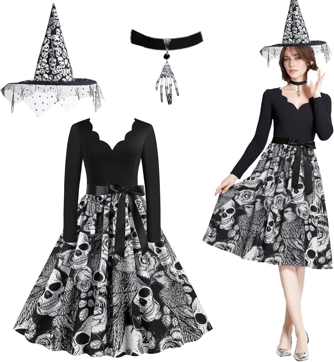 Gothic Skull Rozenprint Feestjurk voor Halloween en Carnaval - Swing Cocktailjurk met Rockabilly Petticoat en Stijlvol Ontwerp