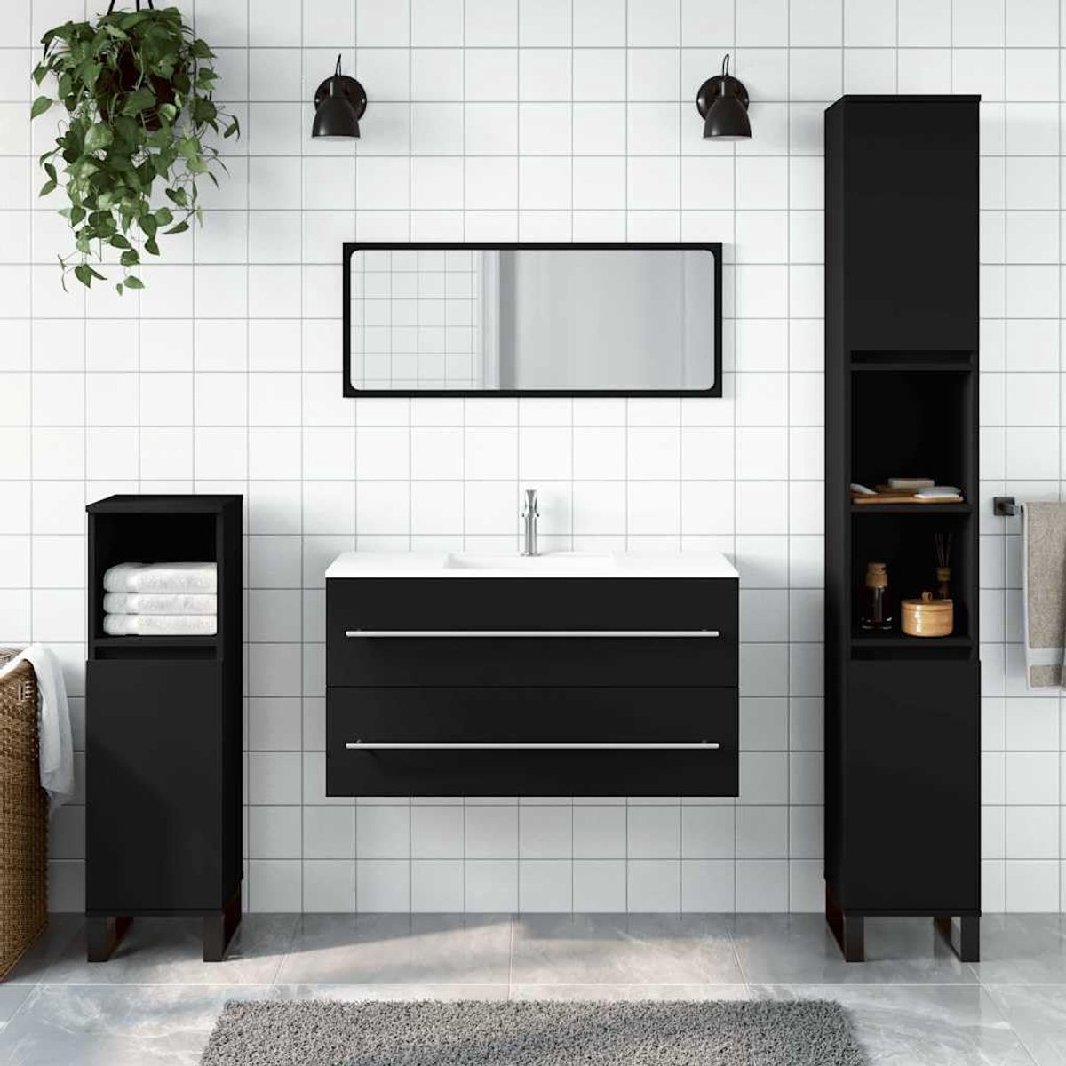 Badkamerkast met spiegel, zwart, houtmateriaal, badkamerkast, wandmontage